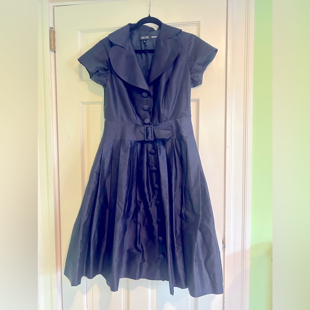 Rickie Freeman for Teri Jon Navy Silk Belted Shirt A-Line Rockabilly Dress 10.